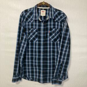 Levi’s Barstow Western Shirt Men’s Medium Blue Plaid Button down Cowboy Style